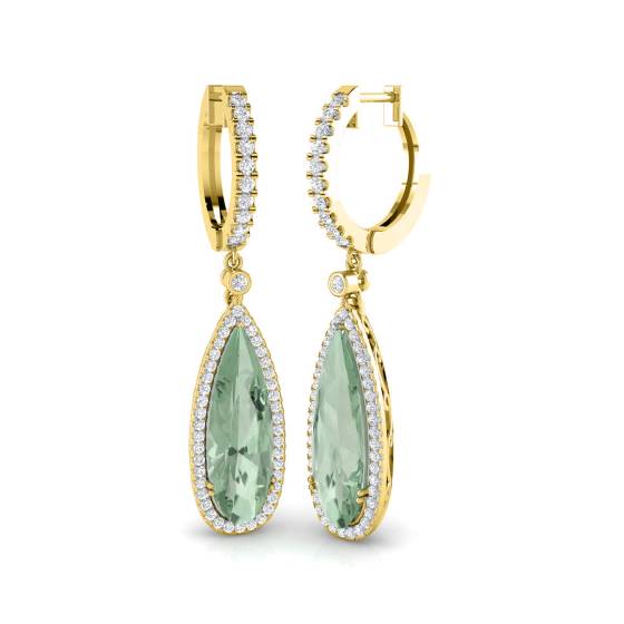 Pear Green Amethyst and Round diamond Halo Drop Earrings