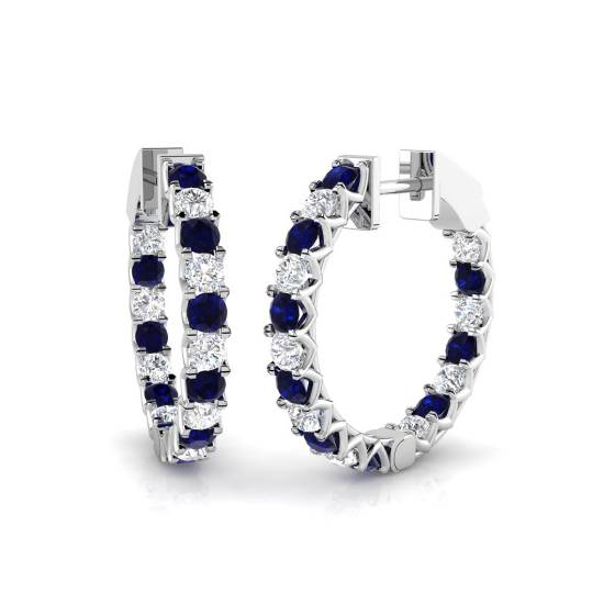Round Blue Sapphire Gemstone and Diamond Hoop Earrings