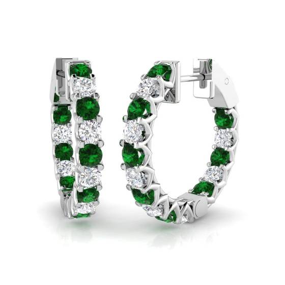 Round Emerald Gemstone and Diamond Hoop Earrings