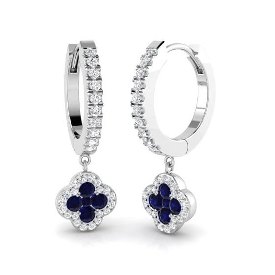 Round Blue Sapphire Gemstone and Diamond Hoop Earrings