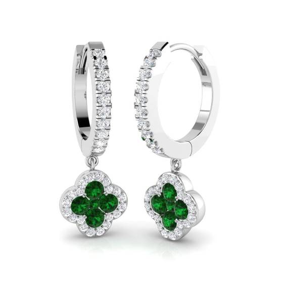 Round Green Emerald Gemstone and Round Diamond Halo Earrings