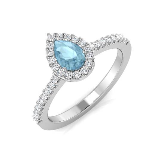Pear Aquamarine and Round diamond Halo Shoulder Set Ring