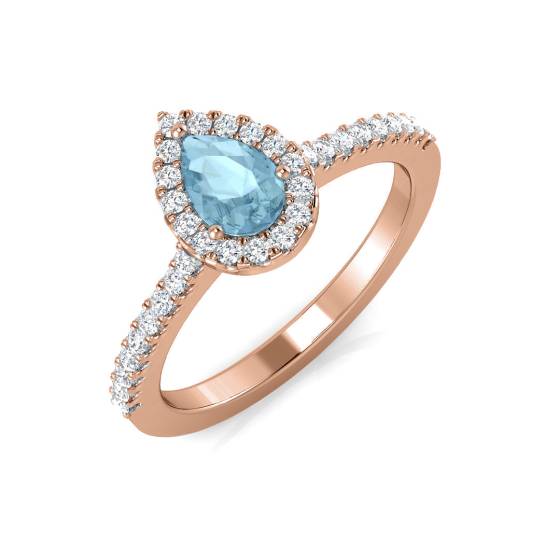 Pear Aquamarine and Round diamond Halo Shoulder Set Ring