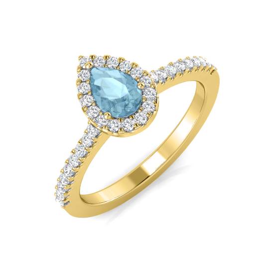 Pear Aquamarine and Round diamond Halo Shoulder Set Ring