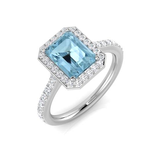 Emerald Aquamarine and Round Diamond Halo Shoulder Set Ring