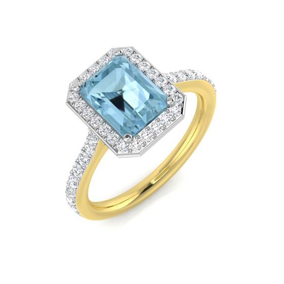Emerald Aquamarine and Round Diamond Halo Shoulder Set Ring