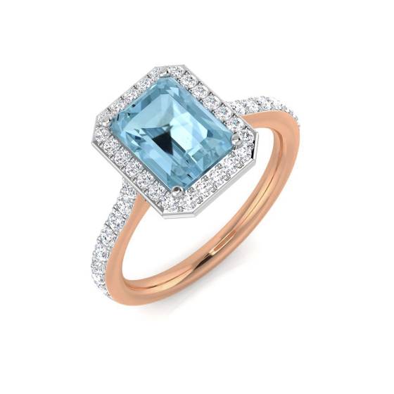 Emerald Aquamarine and Round Diamond Halo Shoulder Set Ring