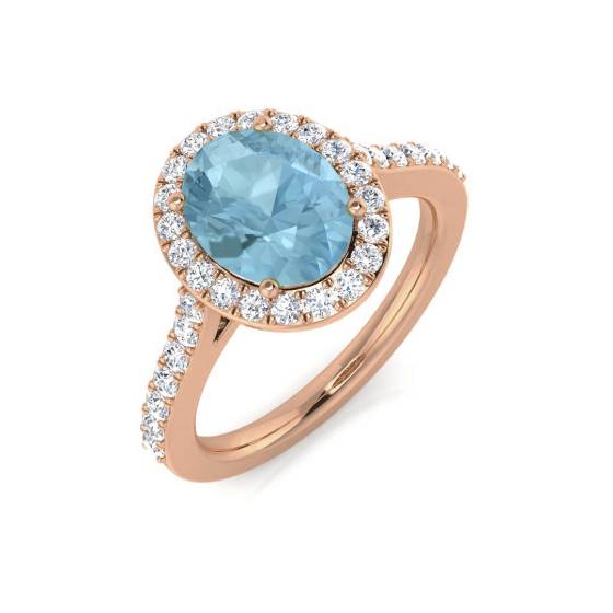 Oval Aquamarine and Round Diamond Halo Shoulder Set Ring