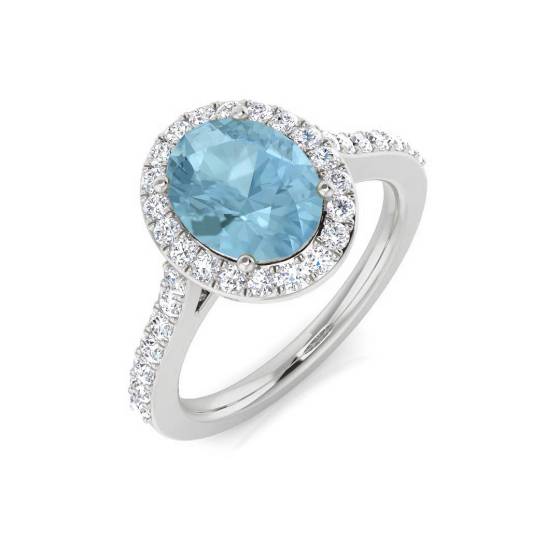 Oval Aquamarine and Round Diamond Halo Shoulder Set Ring