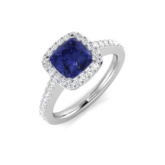 3.20ct VS/E-F Cushion Blue Tanzanite and Round Diamond Set Halo Shoulder Set Ring