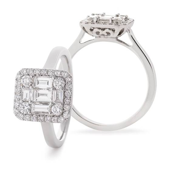 0.75 VS/F-G Modern Round and Baguette Natural Diamond Cluster Ring