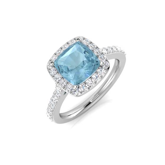 Cushion Aquamarine and Round Diamond Halo Shoulder Set Ring