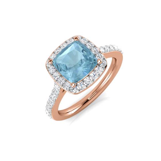 Cushion Aquamarine and Round Diamond Halo Shoulder Set Ring