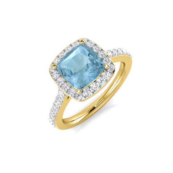 Cushion Aquamarine and Round Diamond Halo Shoulder Set Ring