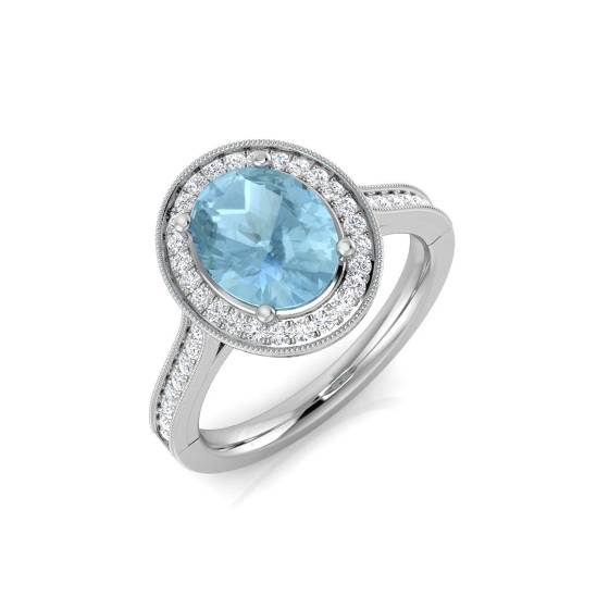 Oval Aquamarine and Round Diamond Halo Shoulder Set Ring