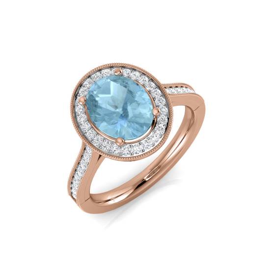 Oval Aquamarine and Round Diamond Halo Shoulder Set Ring