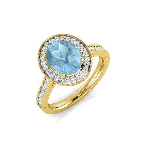 Oval Aquamarine and Round Diamond Halo Shoulder Set Ring