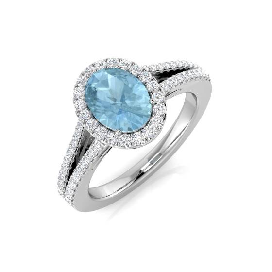 Oval Aquamarine and Round Diamond Split Shoulder Set Ring