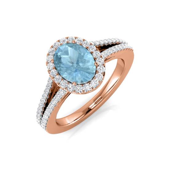 Oval Aquamarine and Round Diamond Split Shoulder Set Ring