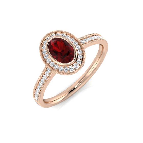 0.70ct VS/E-F Oval Diamond Garnet Bezel Set Ring