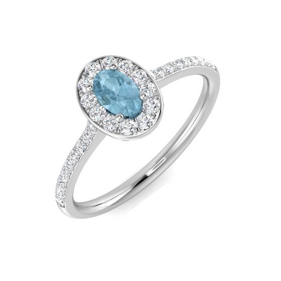 Oval Aquamarine and Round Diamond Halo Shoulder Set Ring