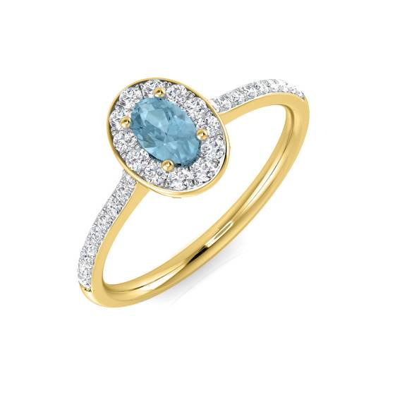 Oval Aquamarine and Round Diamond Halo Shoulder Set Ring