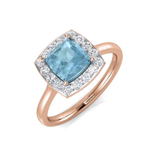 Cushion Aquamarine and Round Diamond Halo Ring
