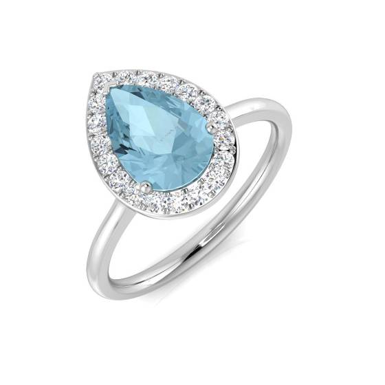 Pear Aquamarine and Round diamond Halo Ring