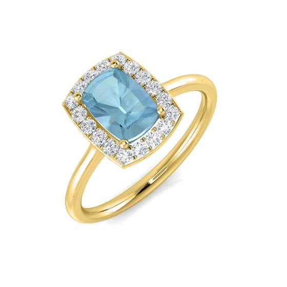 Cushion Aquamarine and Round Diamond Halo Ring