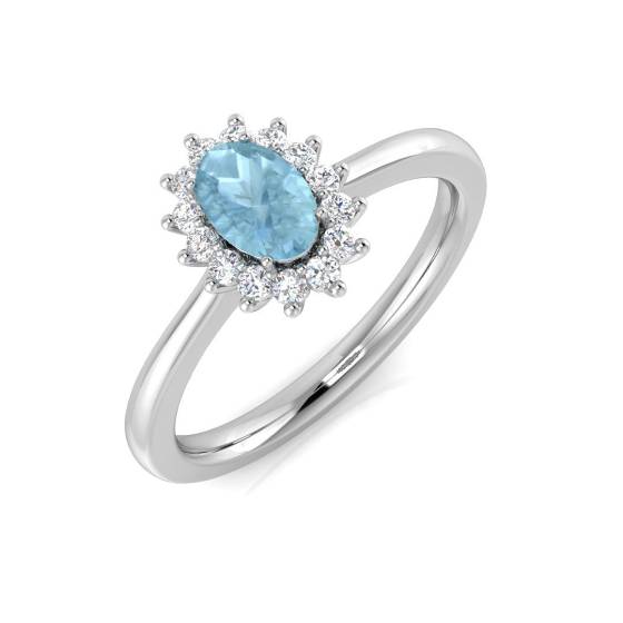 Oval Aquamarine and Round Diamond Halo Ring
