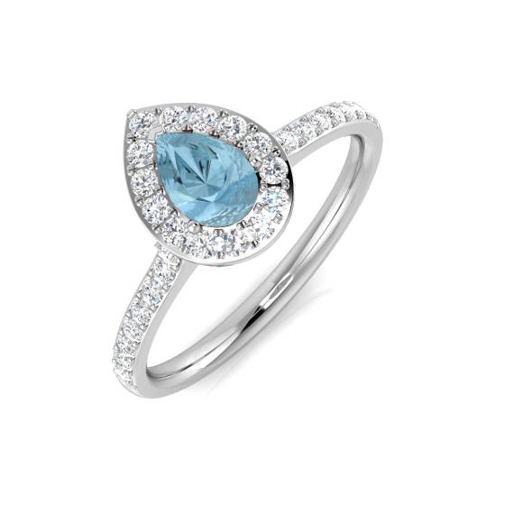Pear Aquamarine and Round diamond Halo Shoulder Set Ring
