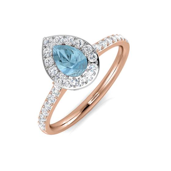 Pear Aquamarine and Round diamond Halo Shoulder Set Ring
