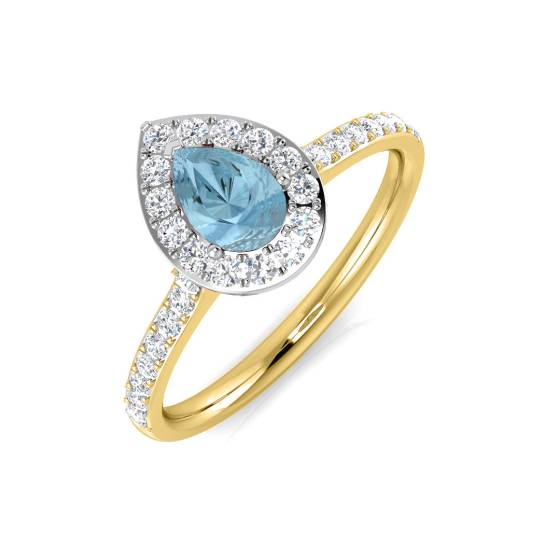 Pear Aquamarine and Round diamond Halo Shoulder Set Ring
