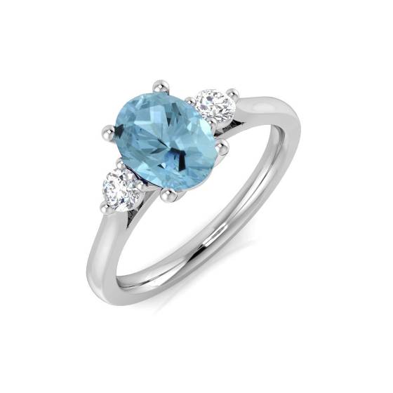 Oval Aquamarine and Round Diamond Trilogy Ring