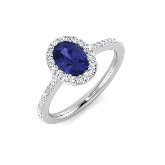 1.00ct VS/E-F Oval Blue Tanzanite and Round Diamond set Halo shoulder set ring