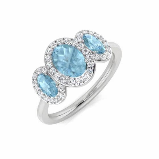 Oval Aquamarine and Round Diamond Trilogy Ring