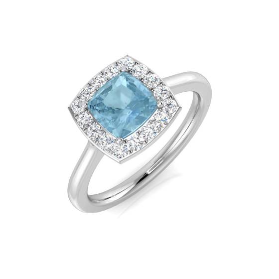 Cushion Aquamarine and Round Diamond Halo Ring