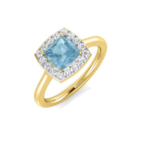 Cushion Aquamarine and Round Diamond Halo Ring