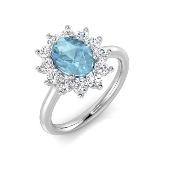 Oval Aquamarine and Round Diamond Halo Ring