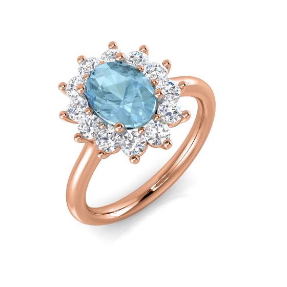 Oval Aquamarine and Round Diamond Halo Ring