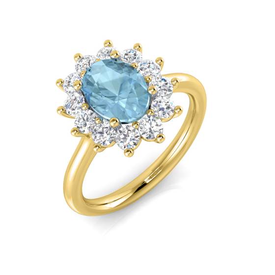 Oval Aquamarine and Round Diamond Halo Ring