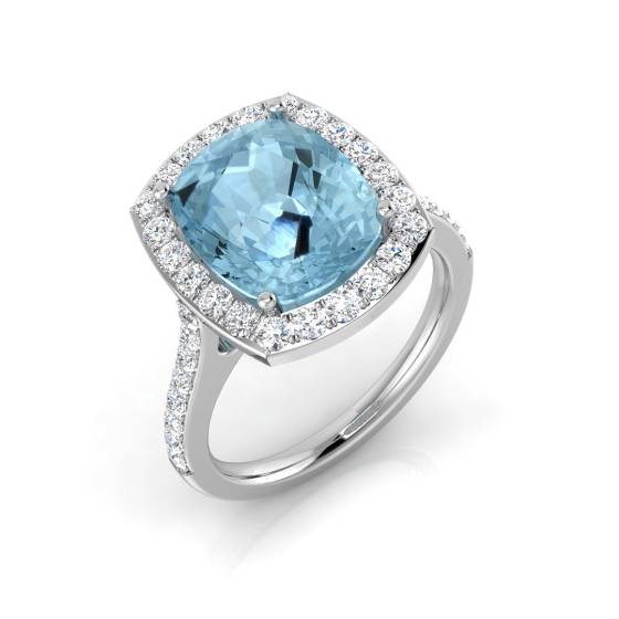 Cushion Aquamarine and Round Diamond Halo Shoulder Set Ring