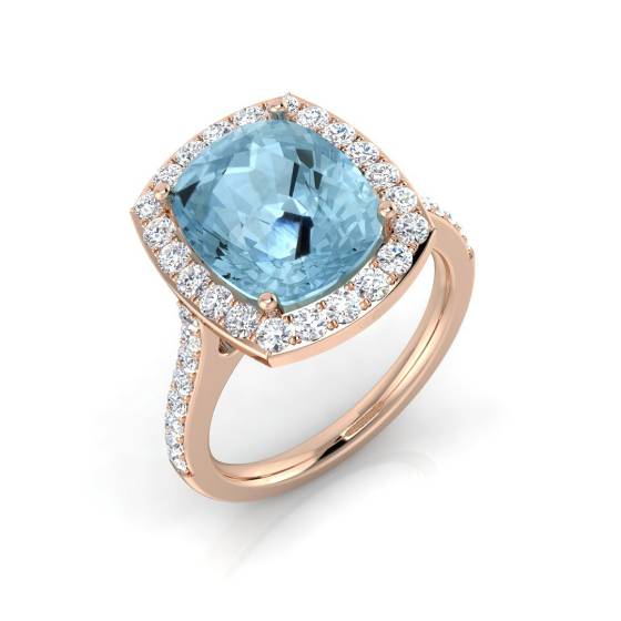 Cushion Aquamarine and Round Diamond Halo Shoulder Set Ring
