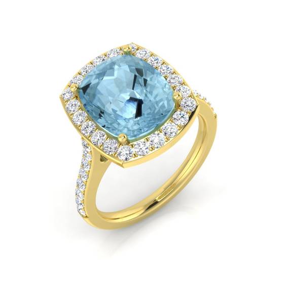 Cushion Aquamarine and Round Diamond Halo Shoulder Set Ring