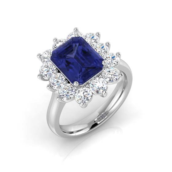 4.30ct VS/E-F Emerald Tanzanite and Round Diamond Halo Ring