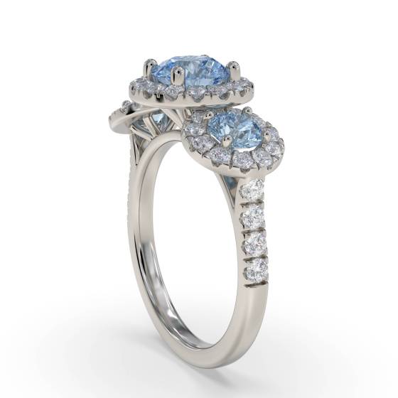 Round Aquamarine and Round Diamond Halo Trilogy Ring