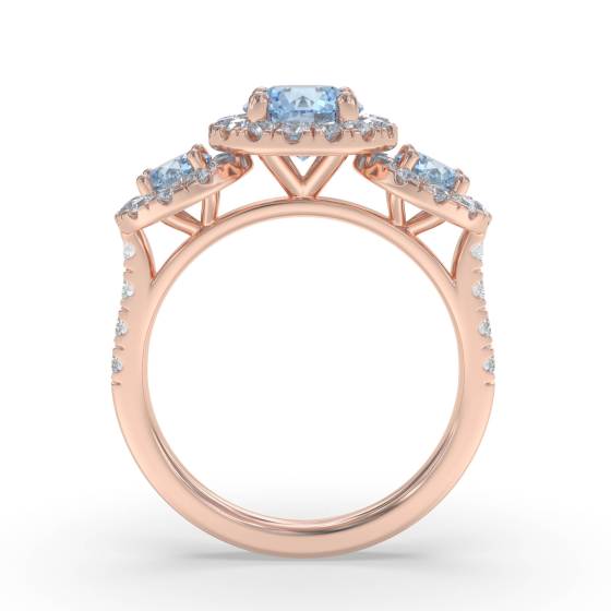 Round Aquamarine and Round Diamond Halo Trilogy Ring