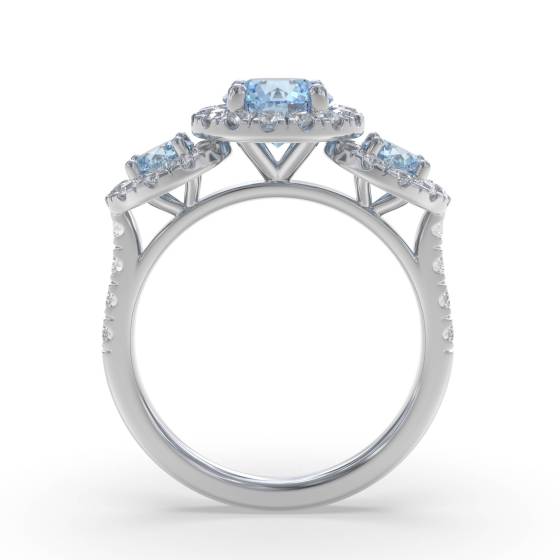 Round Aquamarine and Round Diamond Halo Trilogy Ring