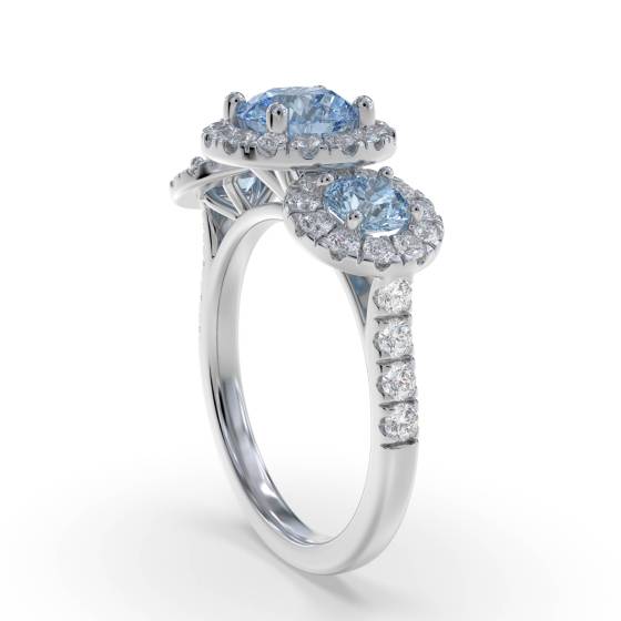 Round Aquamarine and Round Diamond Halo Trilogy Ring