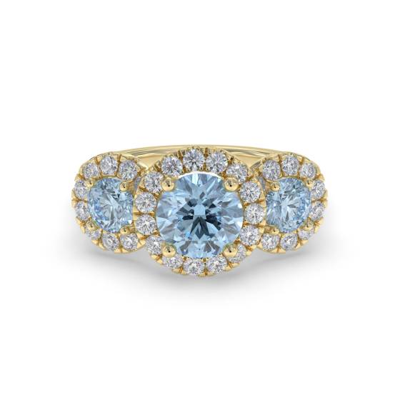 Round Aquamarine and Round Diamond Halo Trilogy Ring